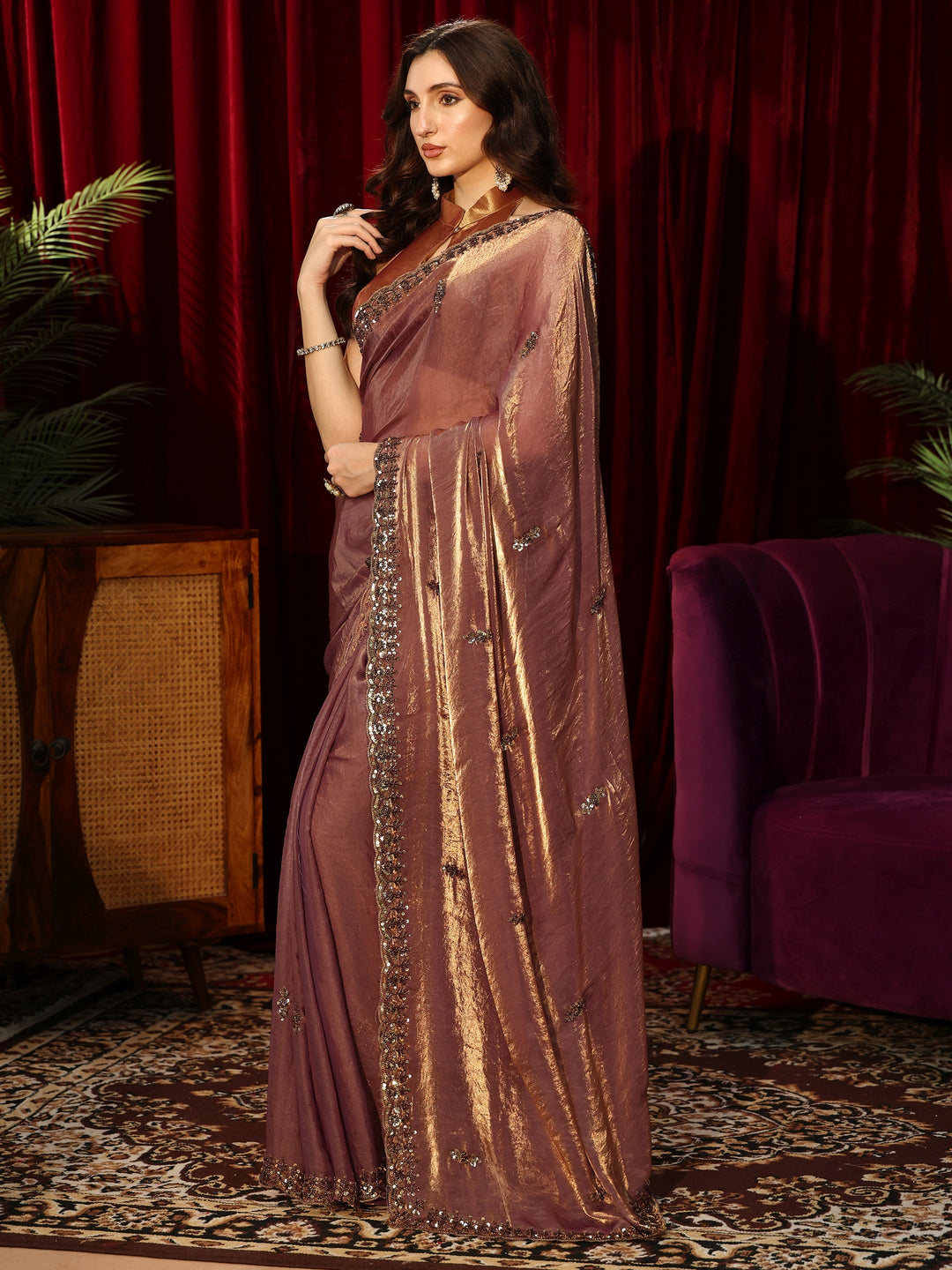 Libas Brown Embellished Tissue Saree