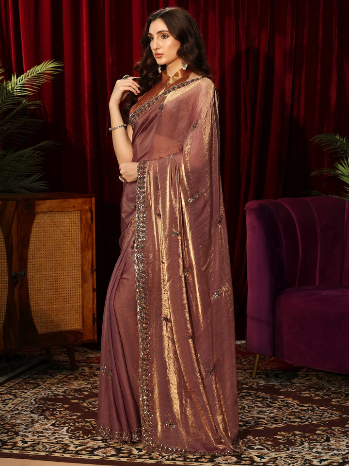 Libas Brown Embellished Tissue Saree