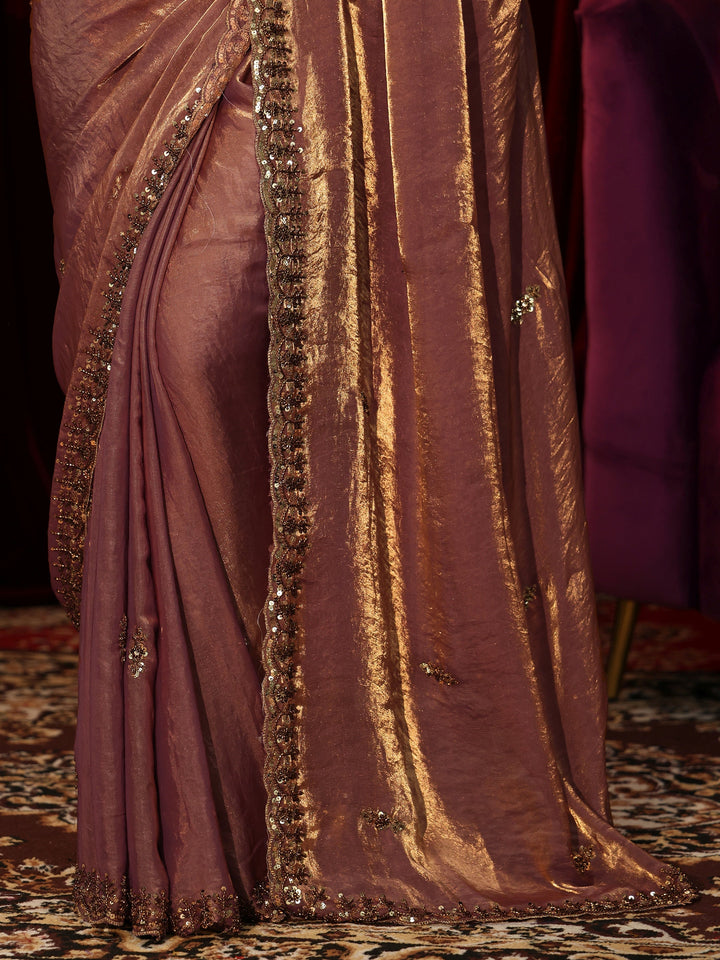 Libas Brown Embellished Tissue Saree