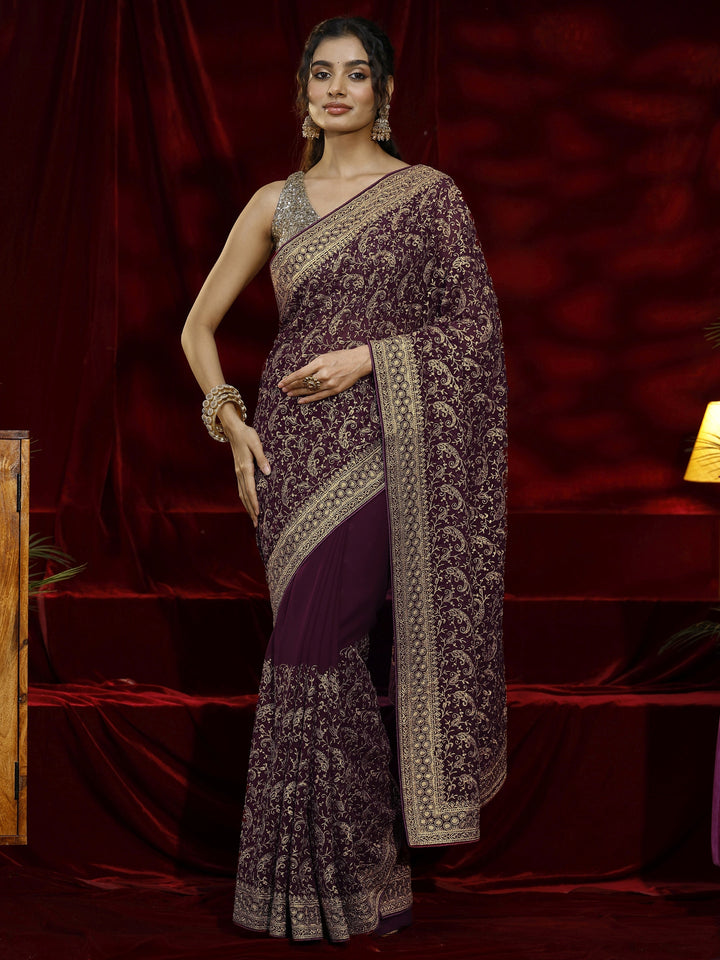 Libas Burgundy Embroidered Georgette Saree