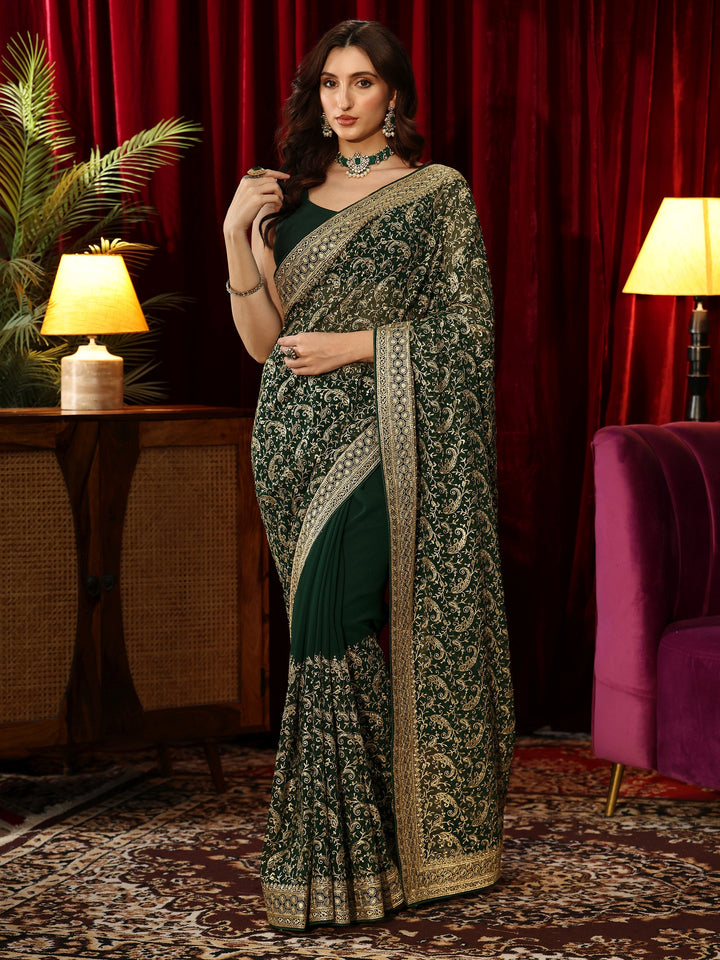 Libas Golden Embroidered Forest Green Georgette Saree