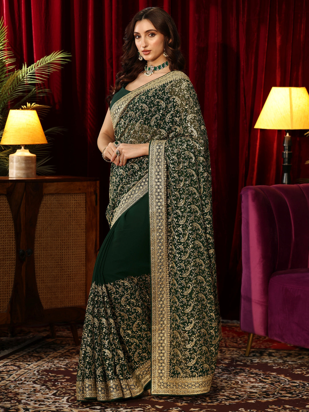 Libas Golden Embroidered Forest Green Georgette Saree