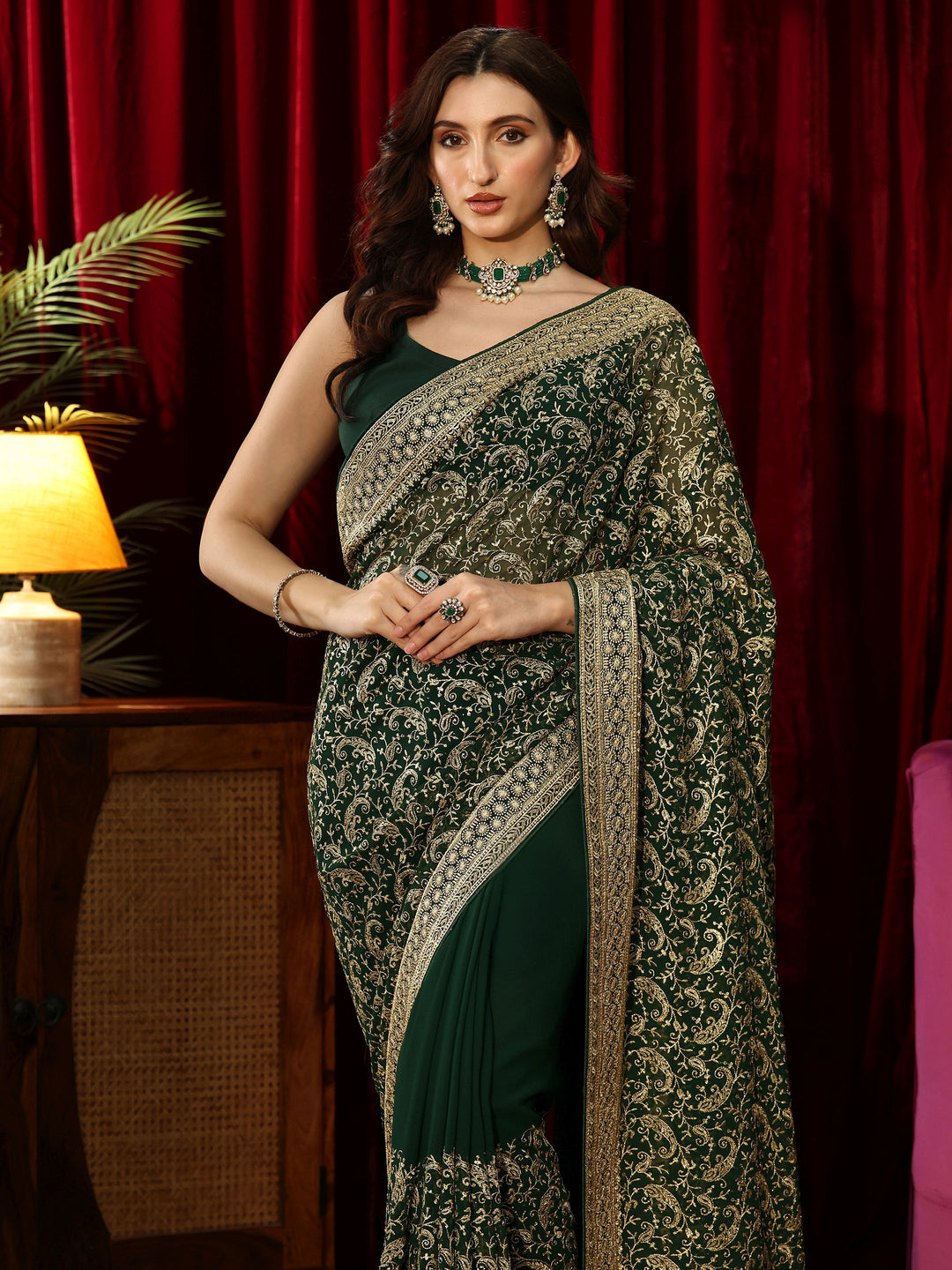 Libas Golden Embroidered Forest Green Georgette Saree