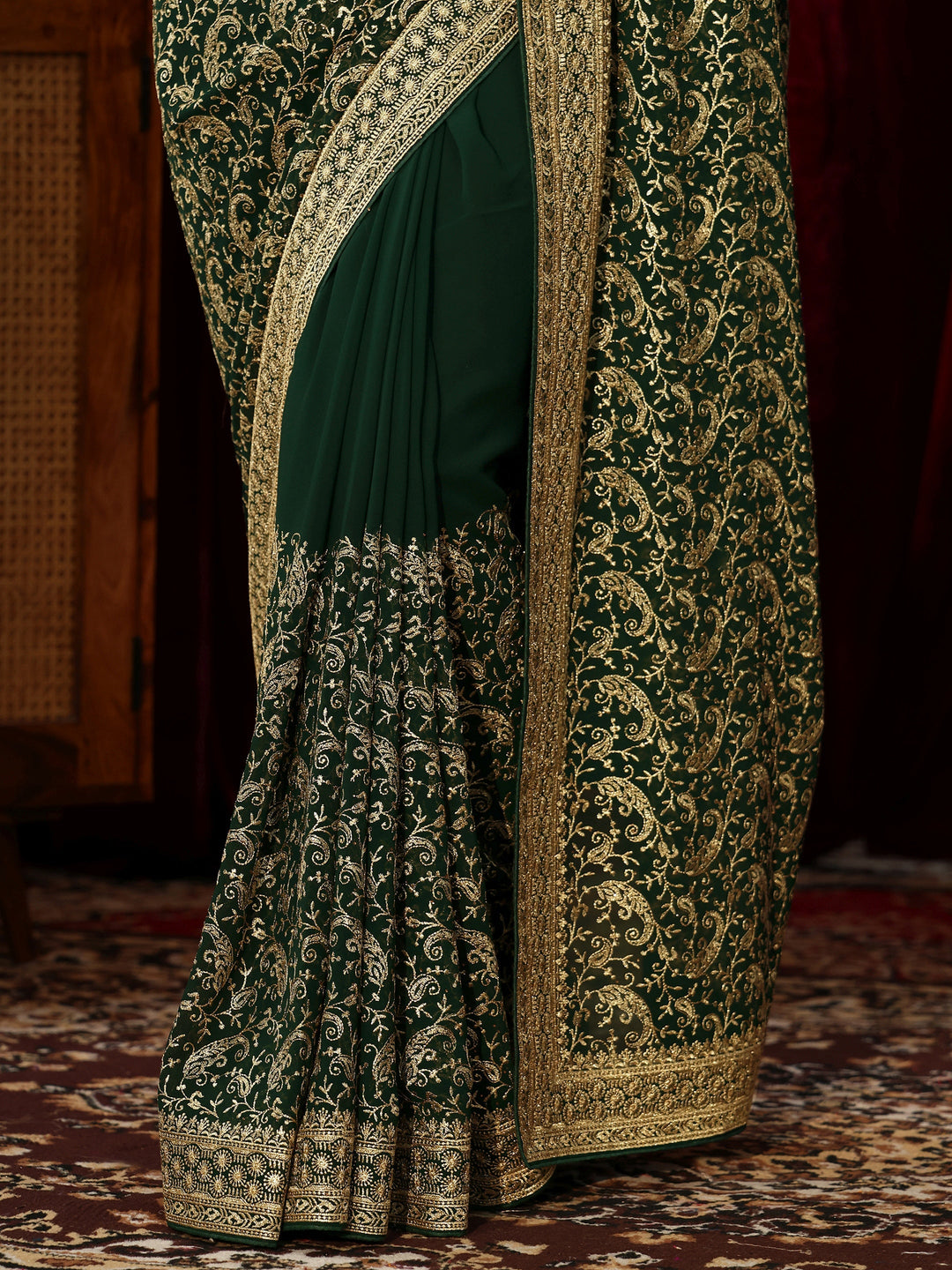 Libas Golden Embroidered Forest Green Georgette Saree