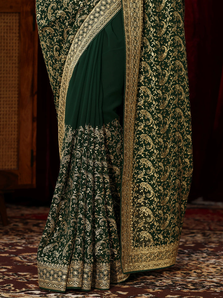 Libas Golden Embroidered Forest Green Georgette Saree