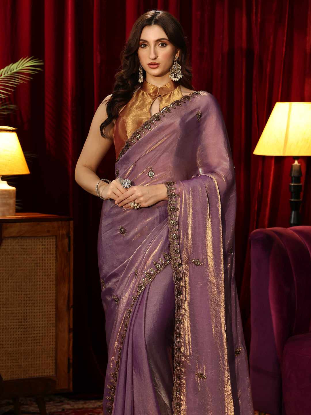 Libas Lavender Embellished Tissue Saree