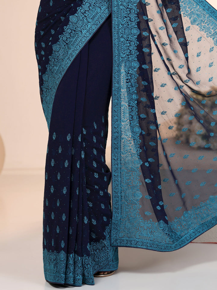 Libas Navy Embroidered Georgette Saree with Ethnic Motifs