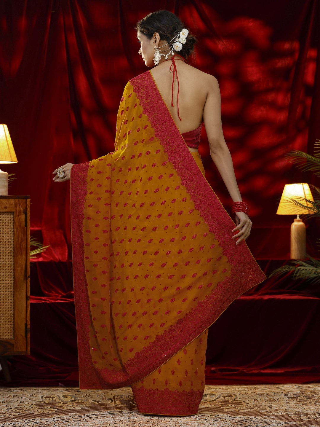 Libas Mustard Floral Embroidered Georgette Saree