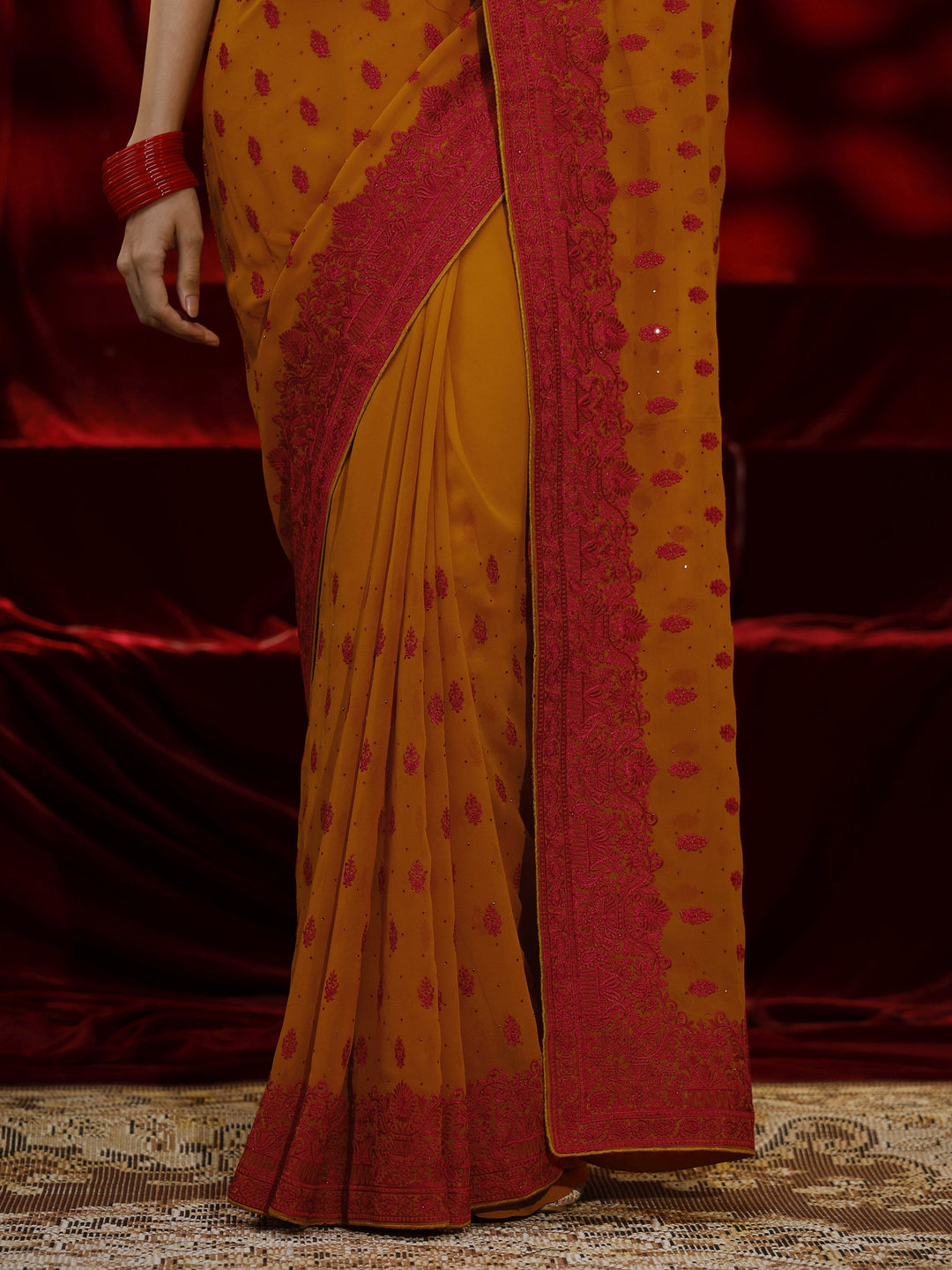 Libas Mustard Floral Embroidered Georgette Saree