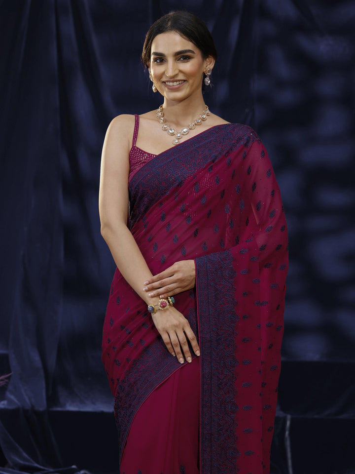Libas Pink Floral Embroidered Georgette Saree