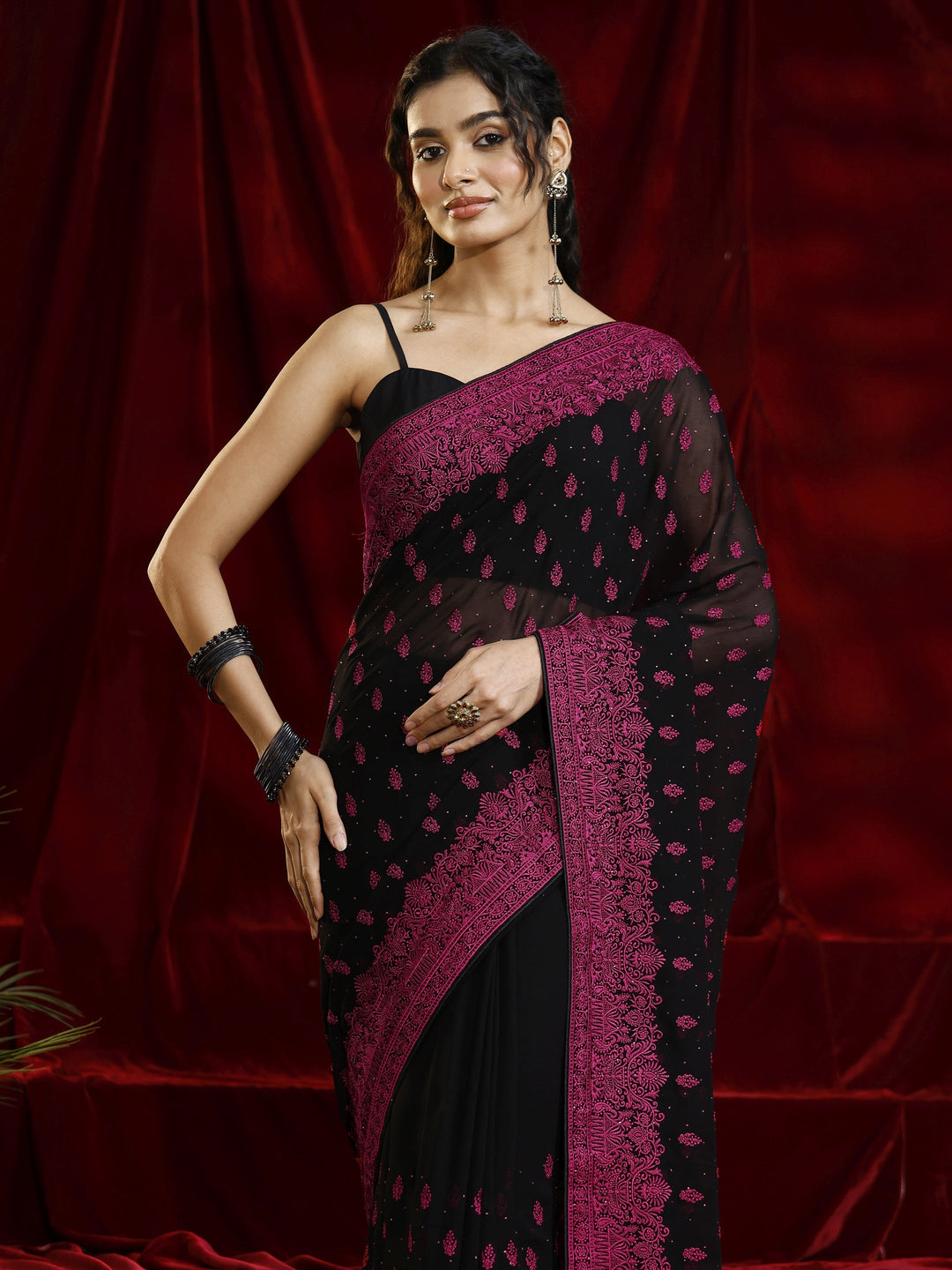 Libas Black Floral Embroidered Georgette Saree