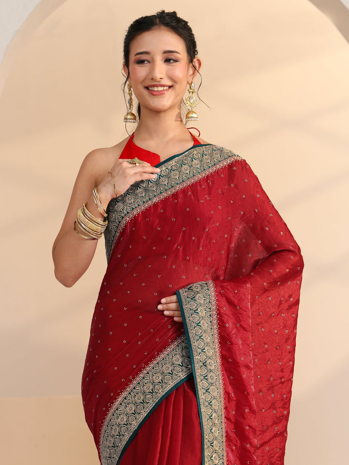 Libas Cardinal Red Stone Work Embellished Tissue Saree