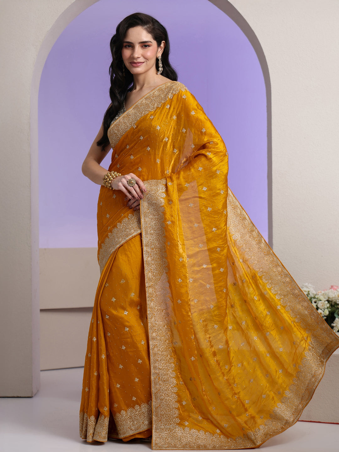 Libas Mustard Embroidered Tissue Saree