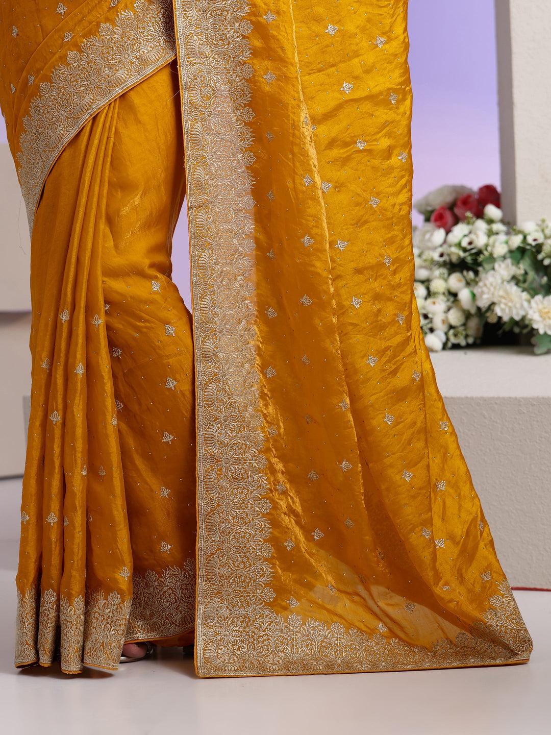 Libas Mustard Embroidered Tissue Saree