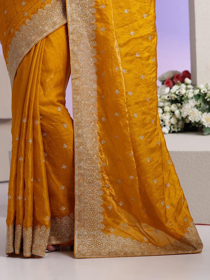 Libas Mustard Embroidered Tissue Saree