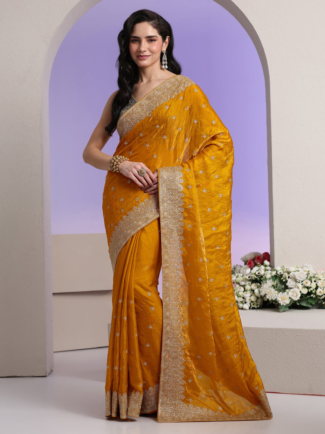Libas Mustard Embroidered Tissue Saree