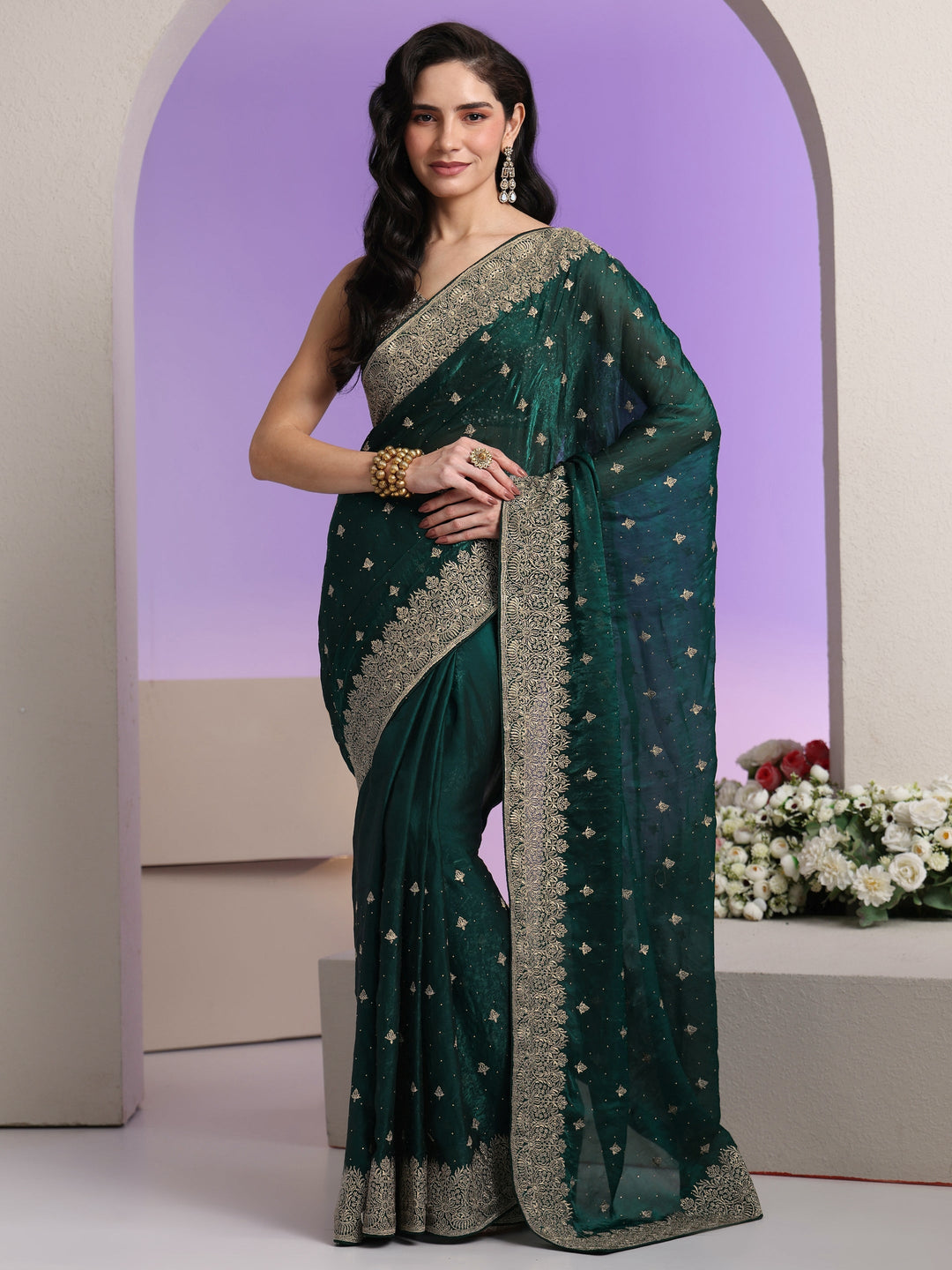 Libas Dark Teal Green Embroidered Tissue Saree