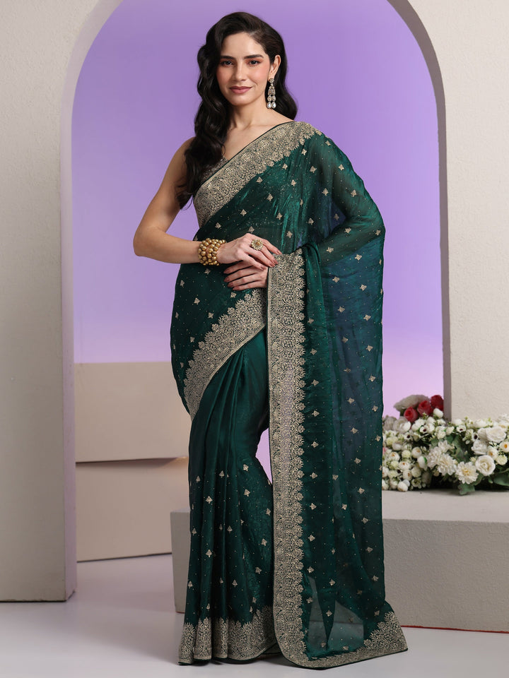 Libas Dark Teal Green Embroidered Tissue Saree