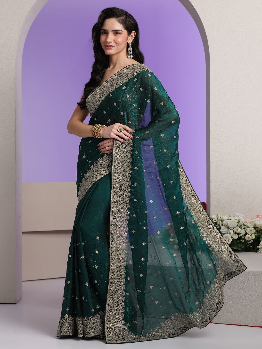 Libas Dark Teal Green Embroidered Tissue Saree