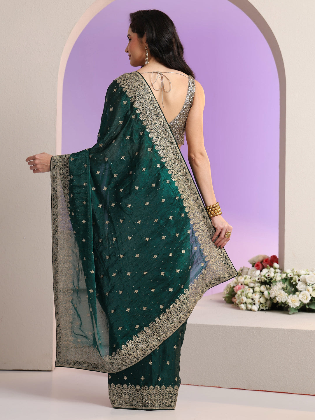 Libas Dark Teal Green Embroidered Tissue Saree