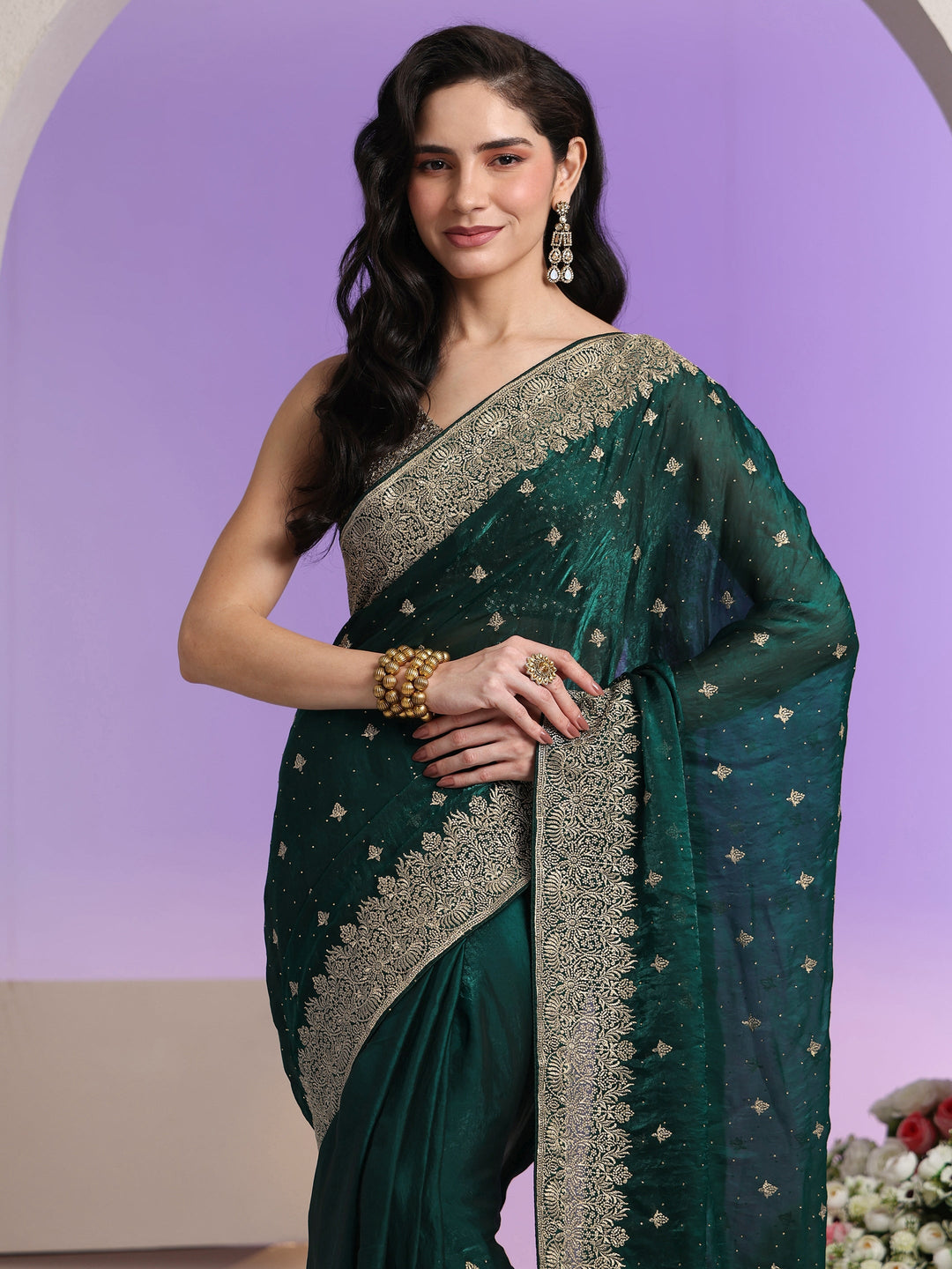 Libas Dark Teal Green Embroidered Tissue Saree