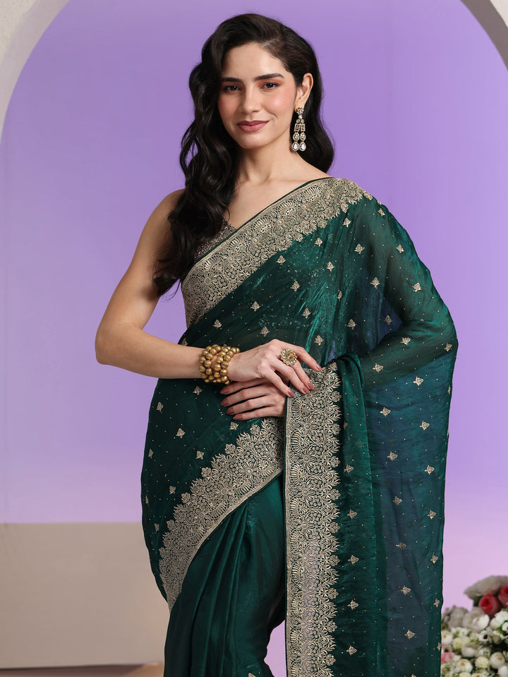 Libas Dark Teal Green Embroidered Tissue Saree
