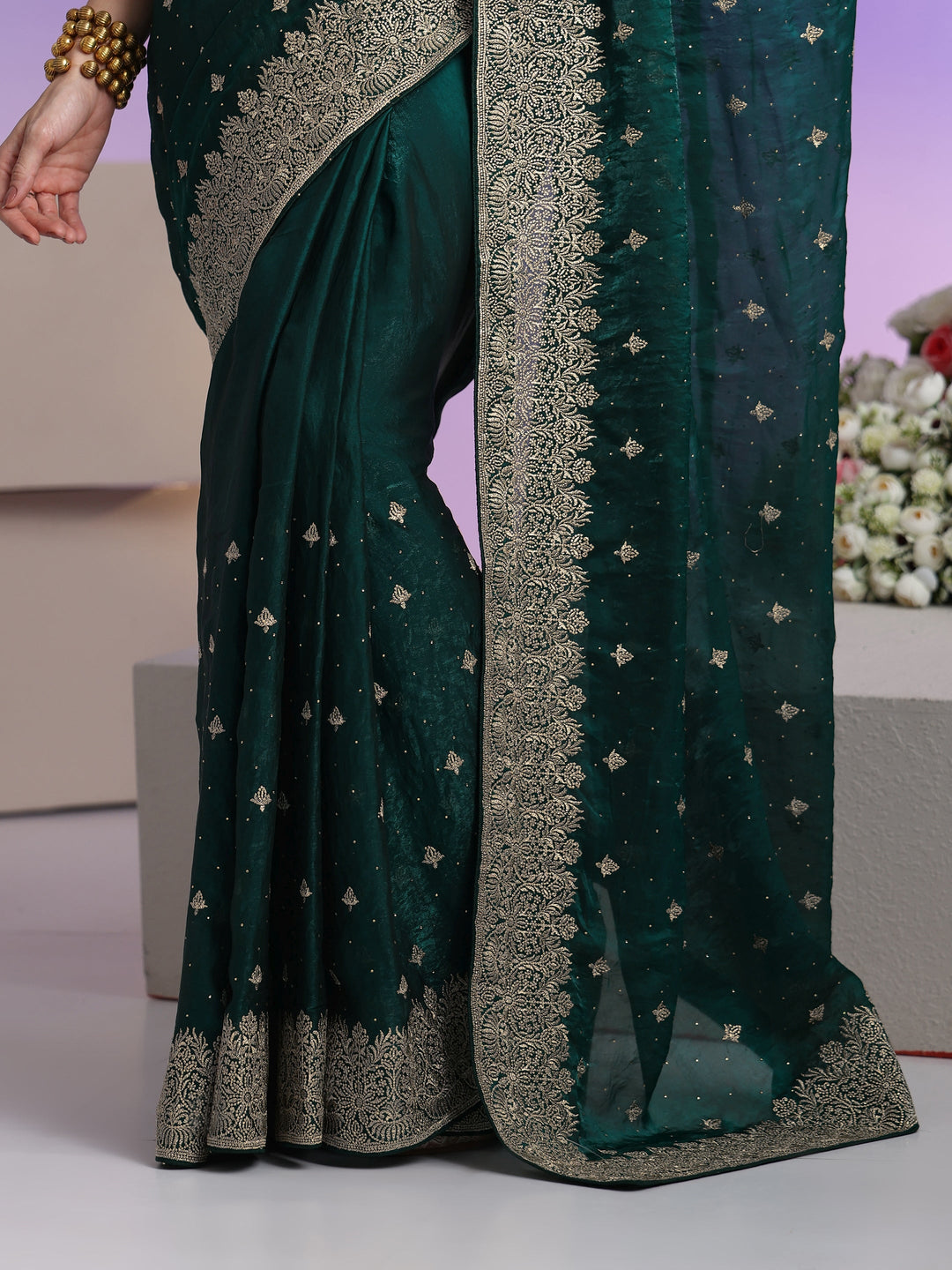 Libas Dark Teal Green Embroidered Tissue Saree