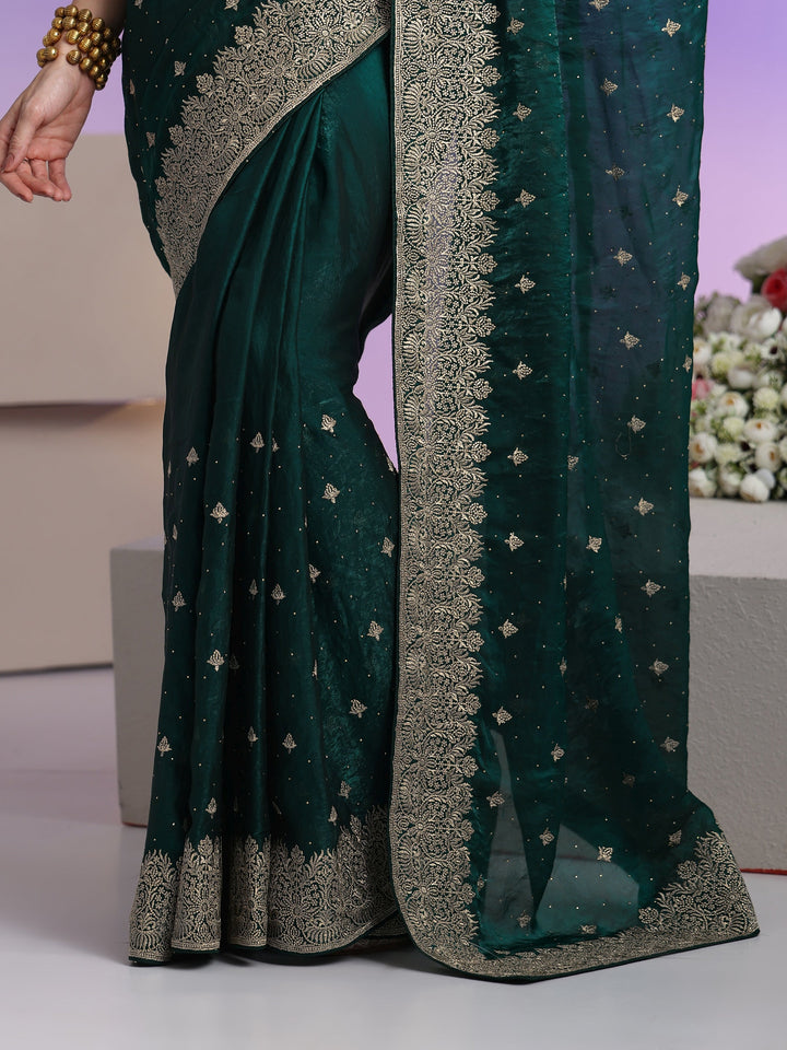 Libas Dark Teal Green Embroidered Tissue Saree
