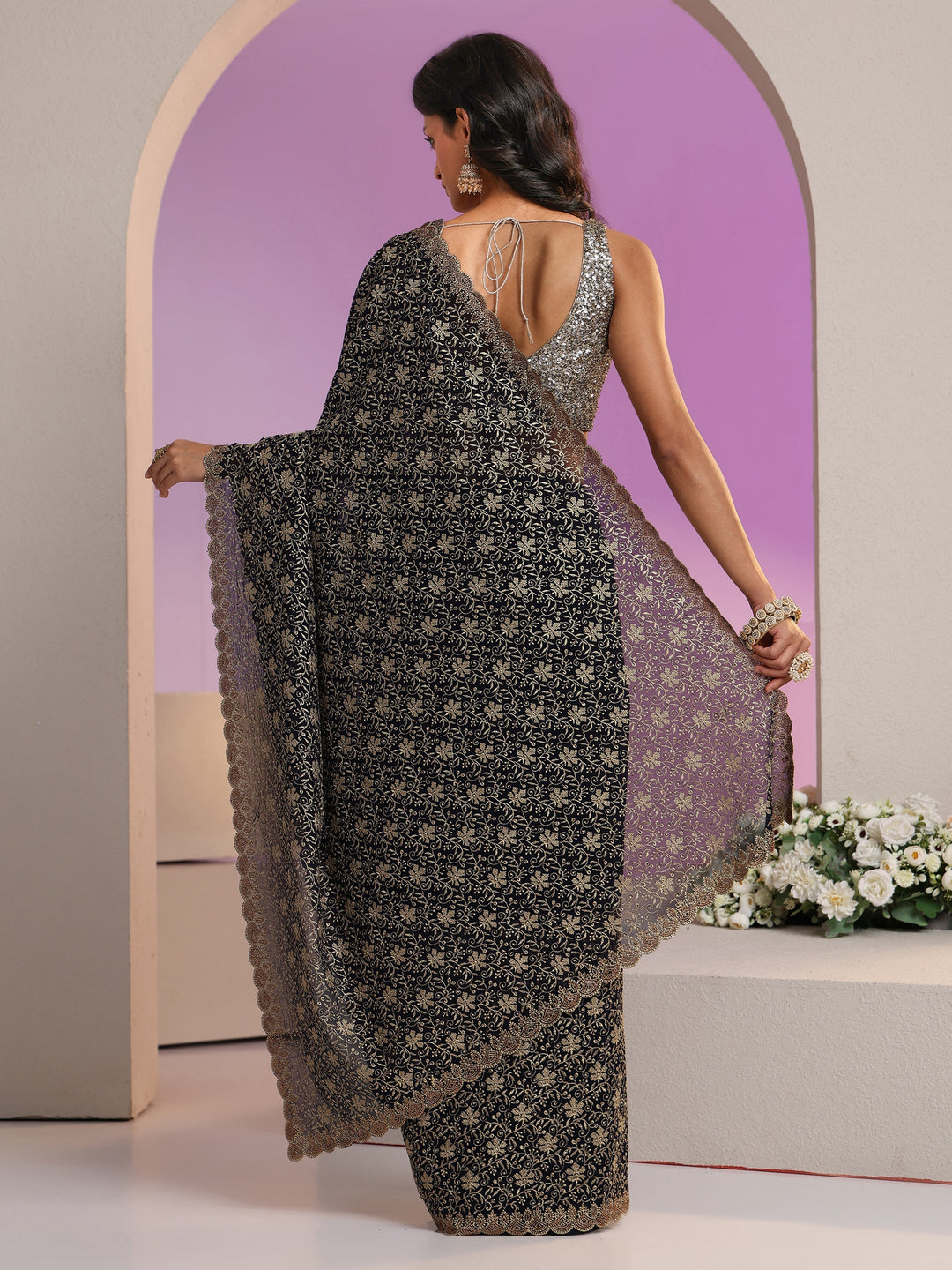 Libas Navy Blue Floral Embroidered Georgette Saree