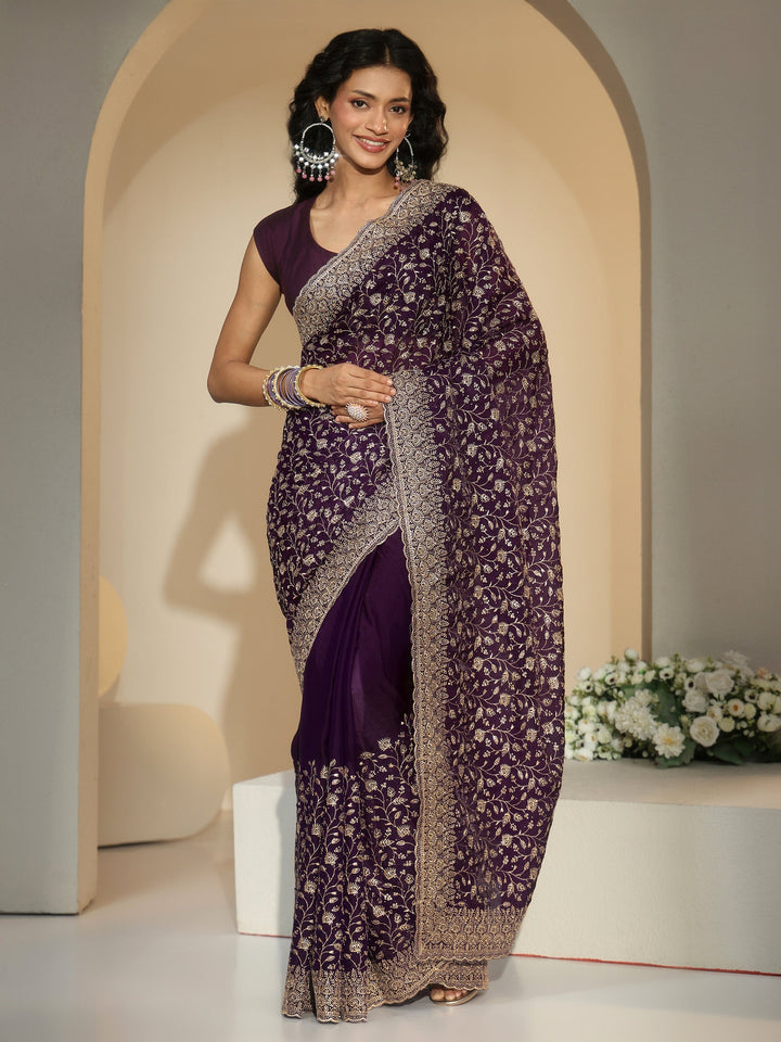 Libas Aubergine Purple Floral Embroidered Georgette Saree