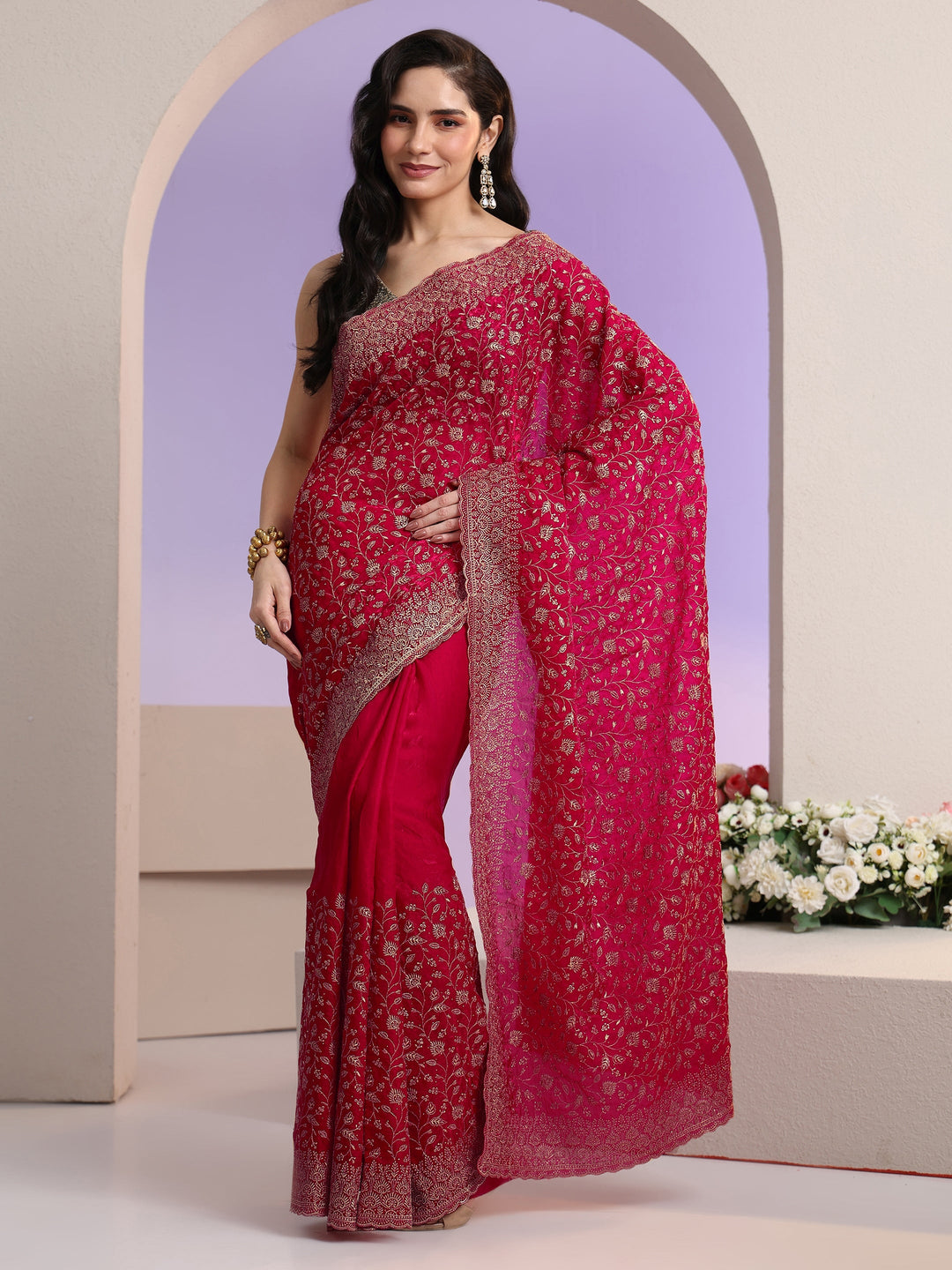 Libas Rani Pink Floral Embroidered Georgette Saree