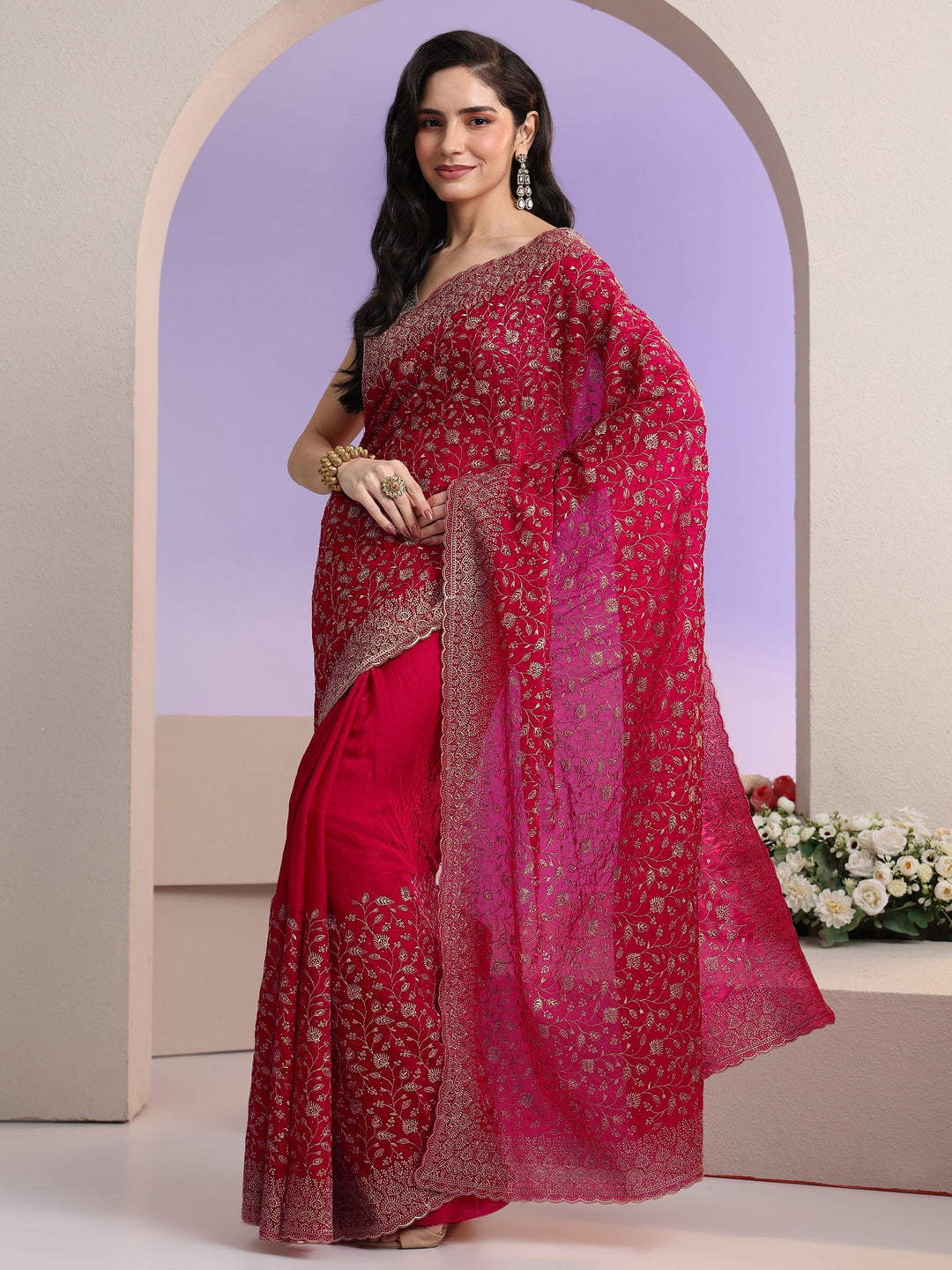 Libas Rani Pink Floral Embroidered Georgette Saree