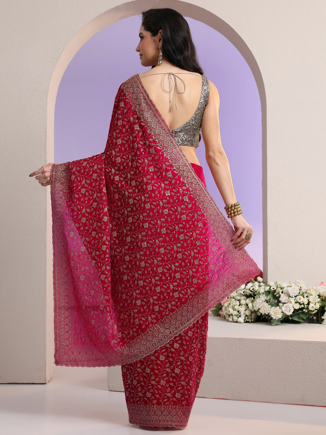 Libas Rani Pink Floral Embroidered Georgette Saree