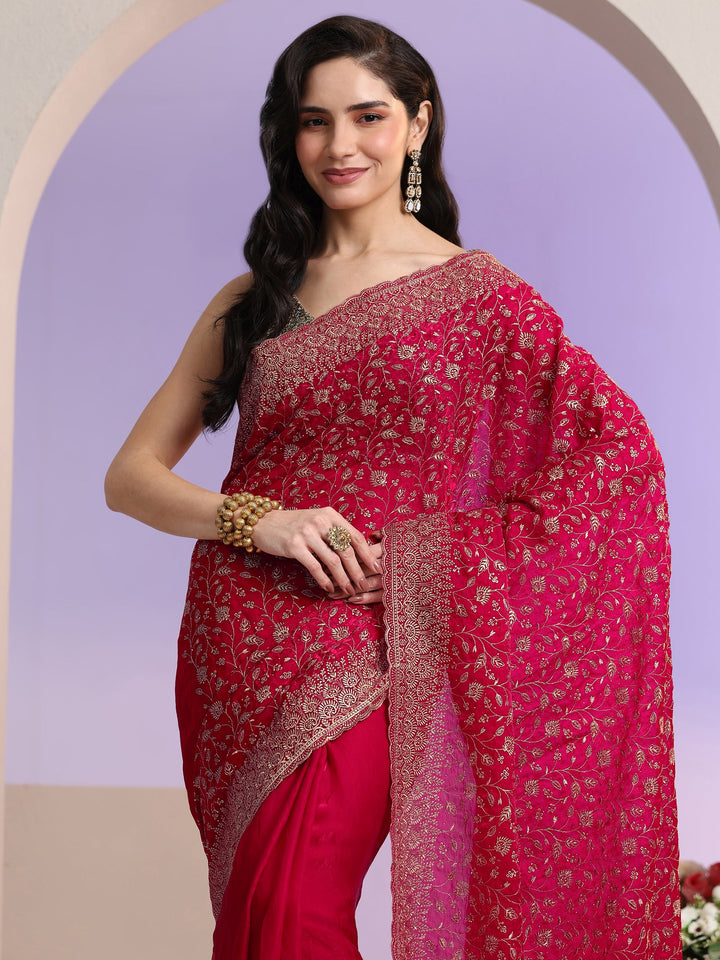 Libas Rani Pink Floral Embroidered Georgette Saree