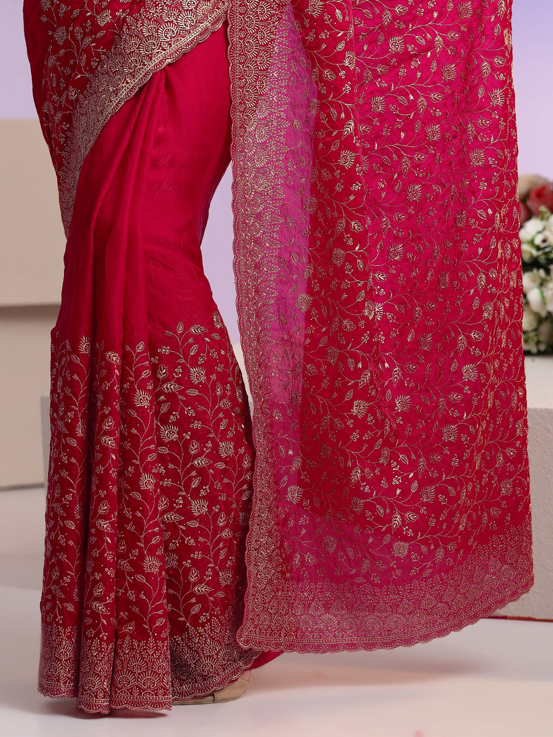 Libas Rani Pink Floral Embroidered Georgette Saree