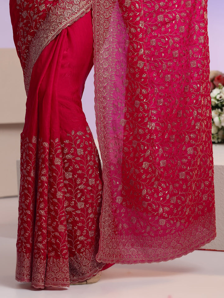 Libas Rani Pink Floral Embroidered Georgette Saree