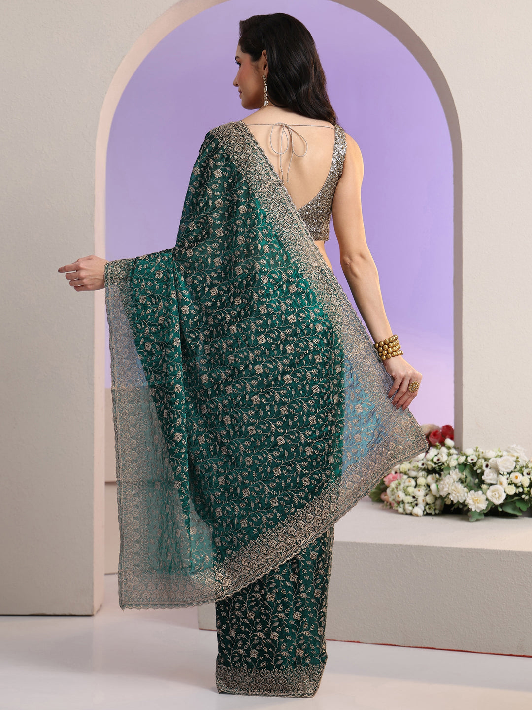 Libas Bottle Green Floral Embroidered Georgette Saree