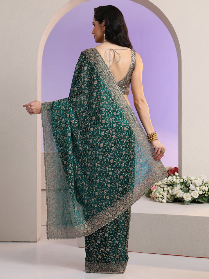 Libas Bottle Green Floral Embroidered Georgette Saree