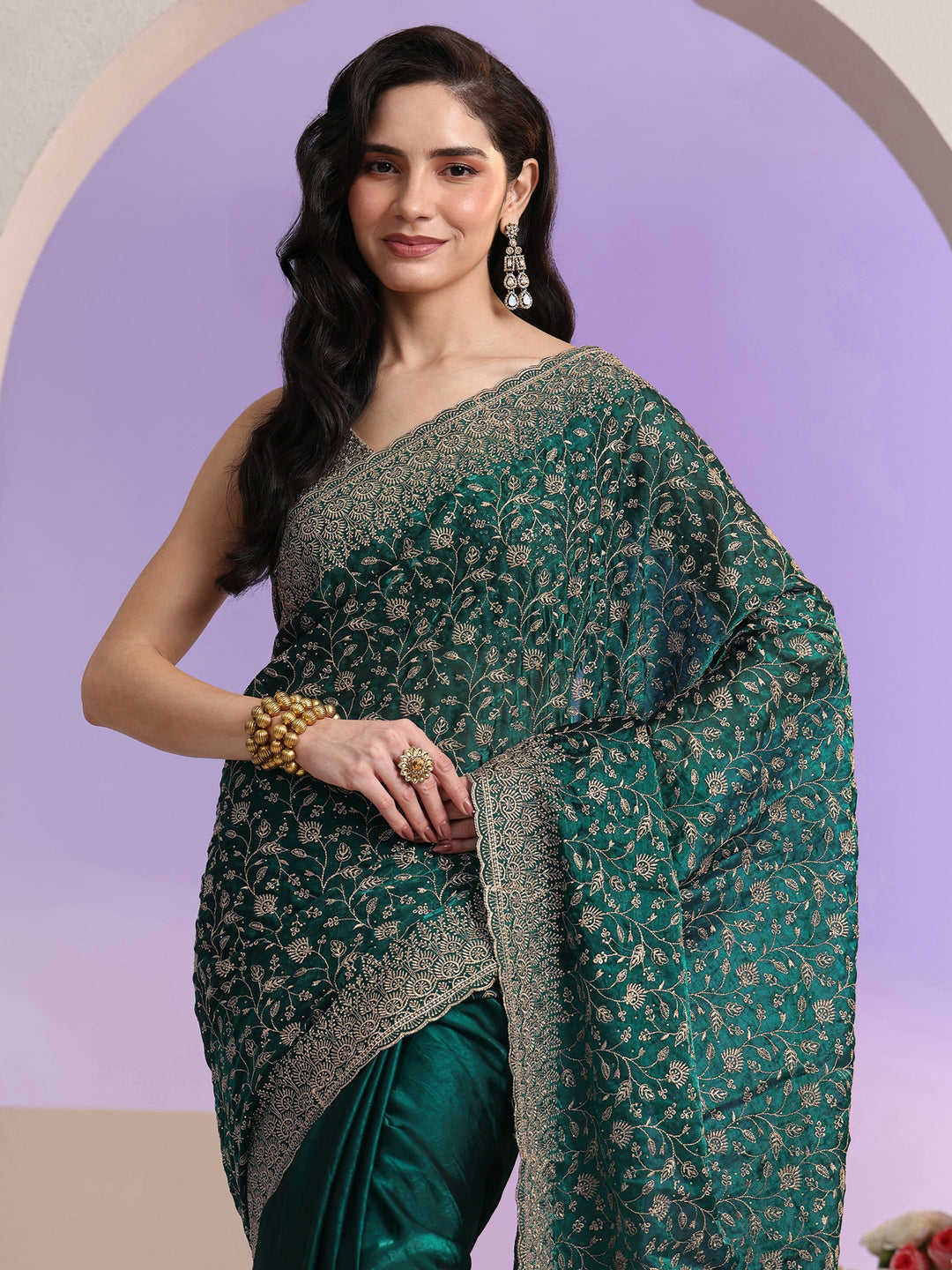 Libas Bottle Green Floral Embroidered Georgette Saree