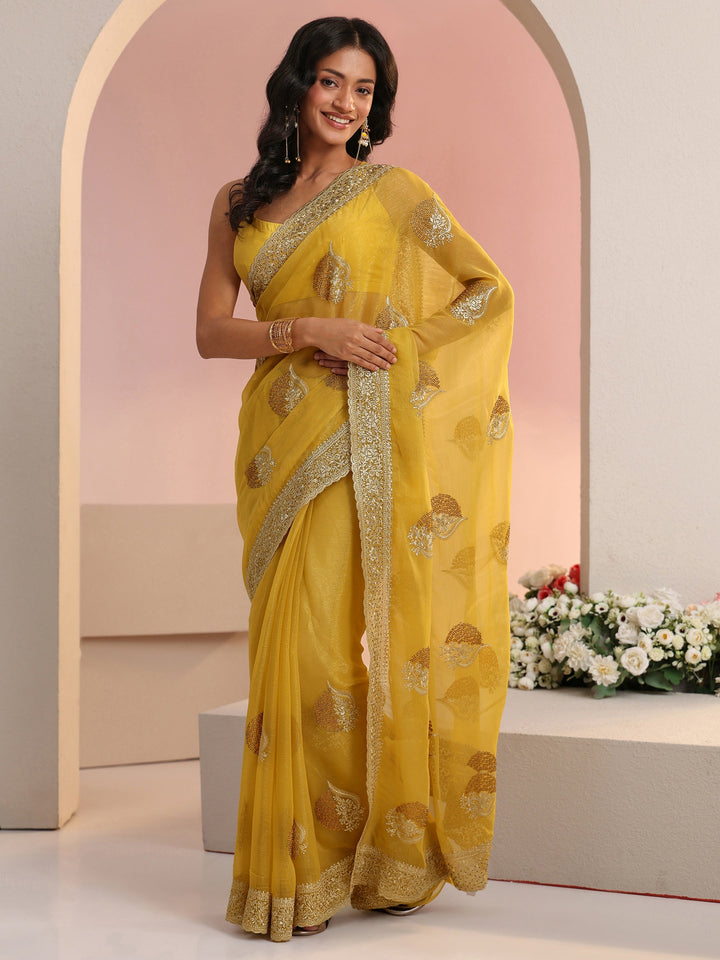 Libas Yellow Embroidered Chiffon Saree