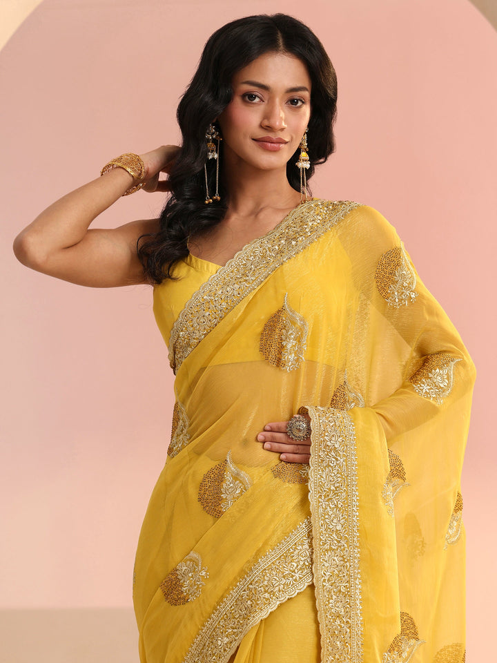 Libas Yellow Embroidered Chiffon Saree