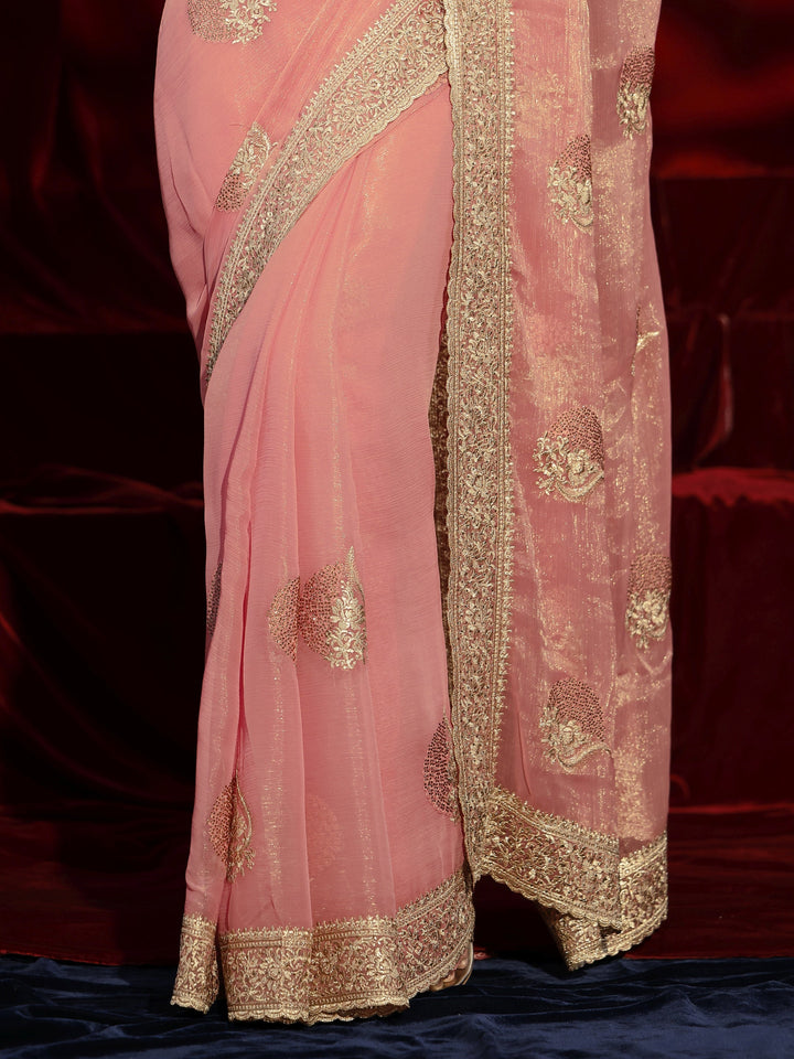 Libas Pink Floral Embroidered Chiffon Saree