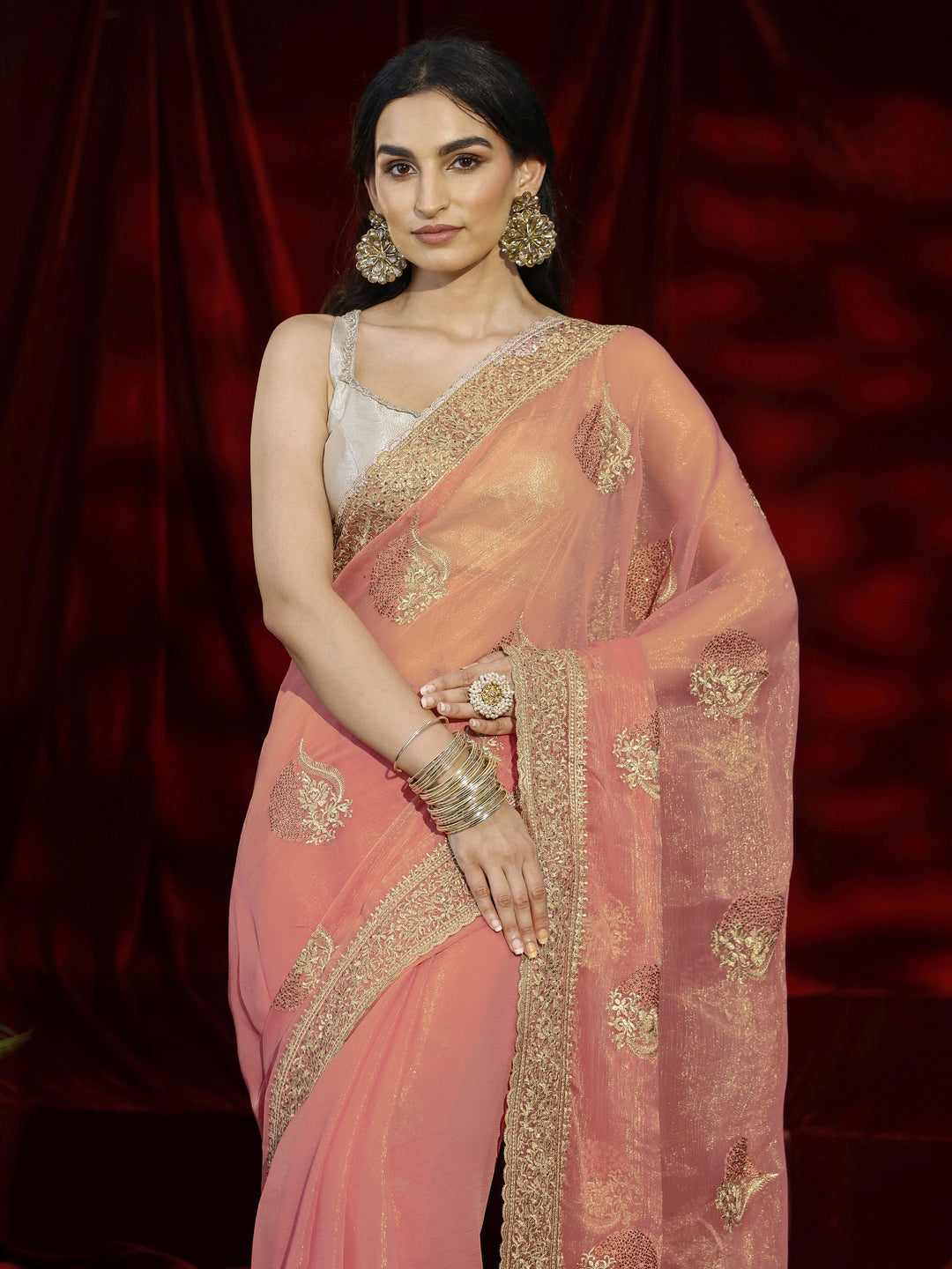 Libas Pink Floral Embroidered Chiffon Saree
