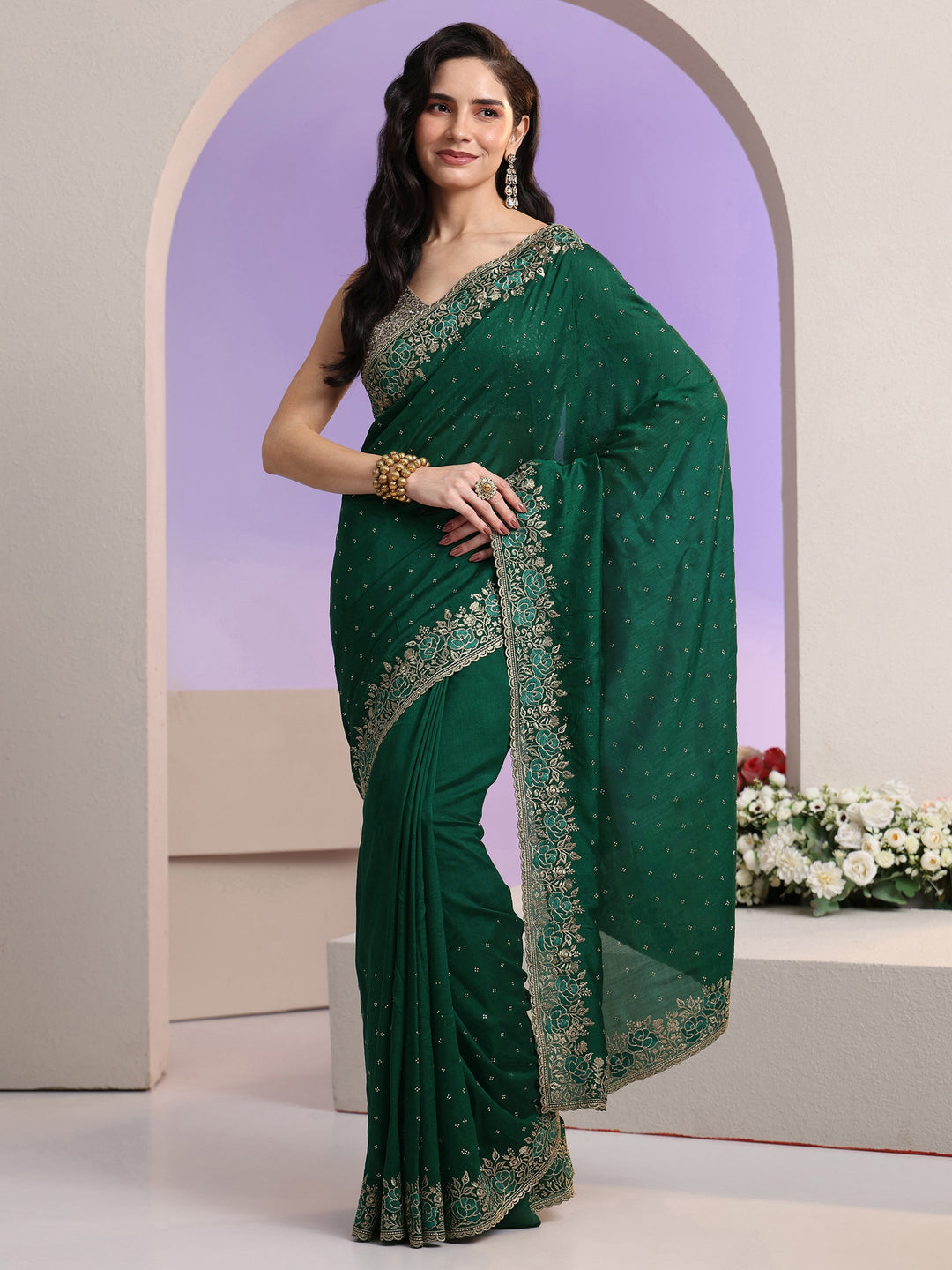 Libas Bottle Green Stone Work Embelllished Silk Blend Saree