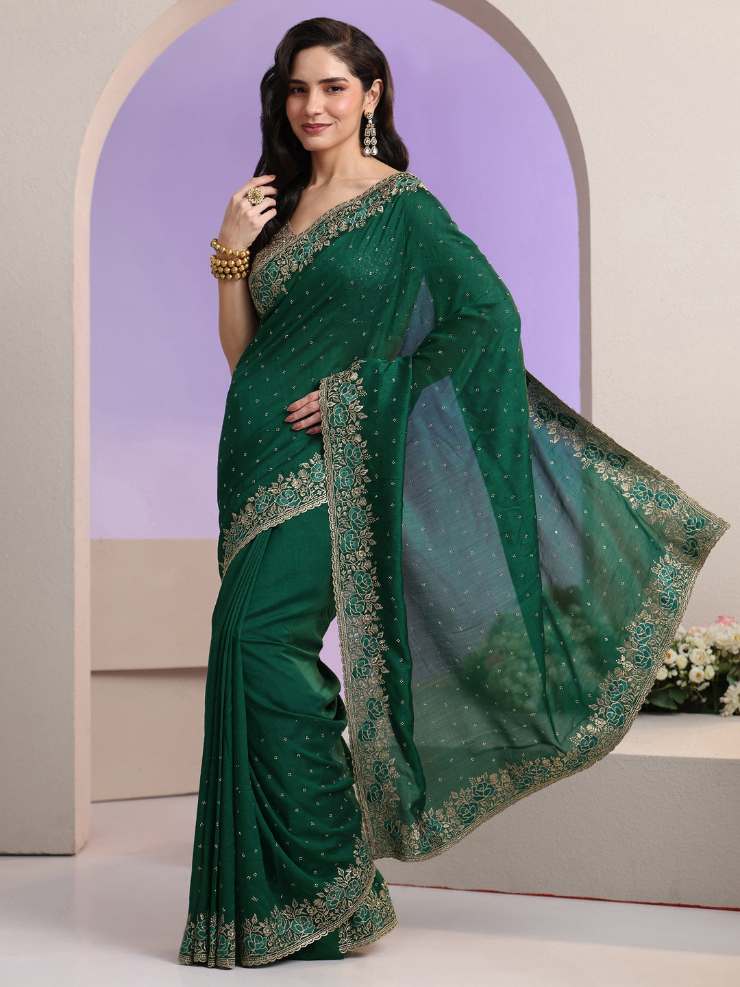 Libas Bottle Green Stone Work Embelllished Silk Blend Saree