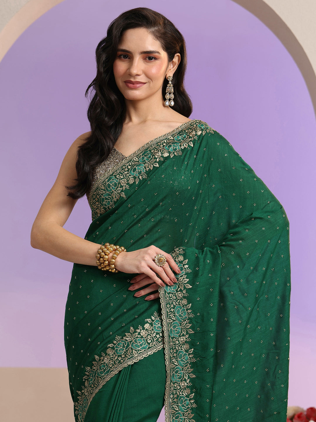Libas Bottle Green Stone Work Embelllished Silk Blend Saree