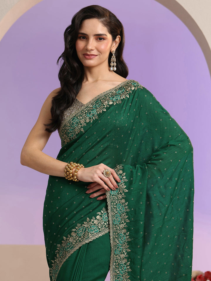 Libas Bottle Green Stone Work Embelllished Silk Blend Saree