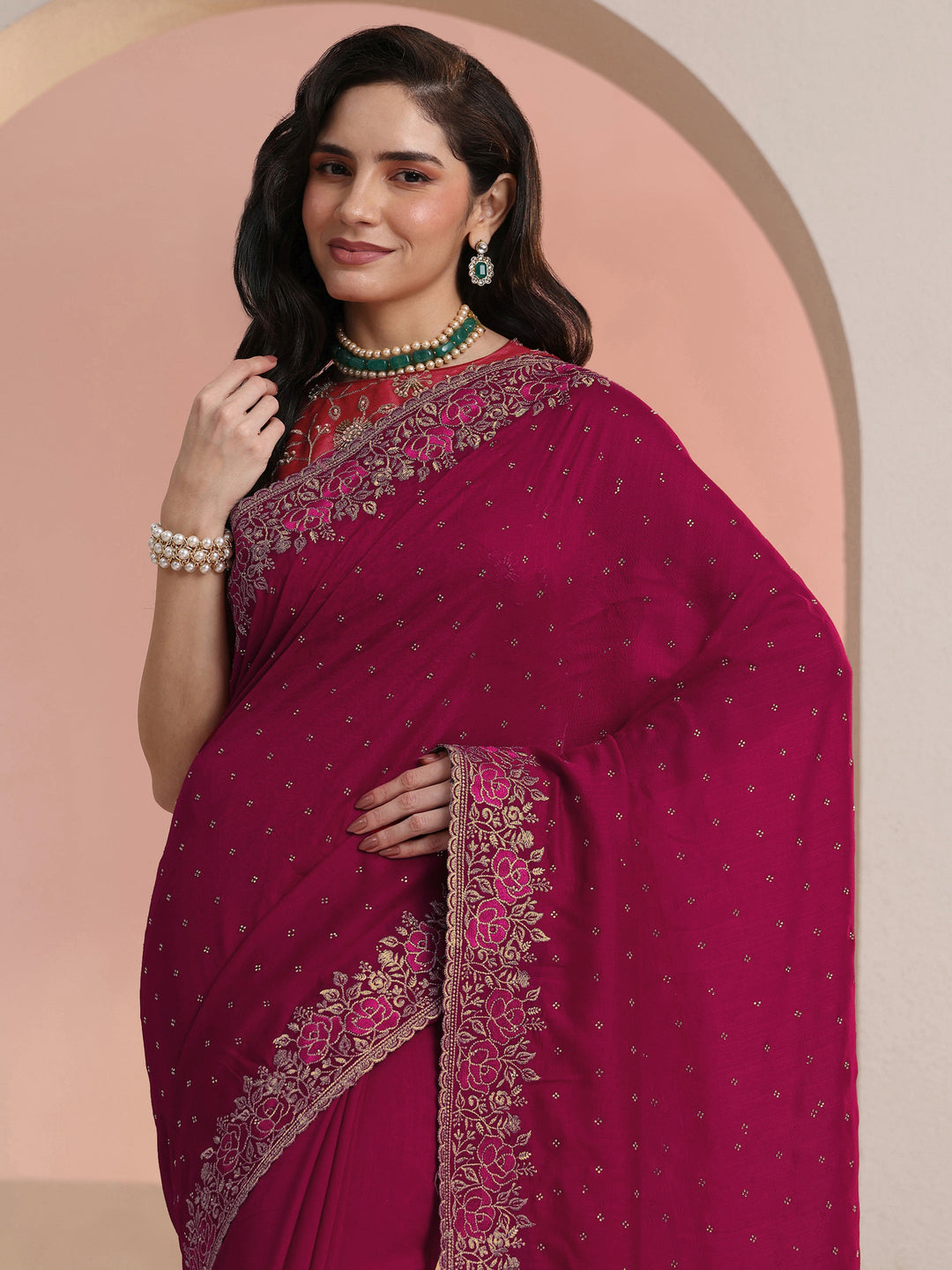Libas Rani Pink Stone Work Embelllished Silk Blend Saree