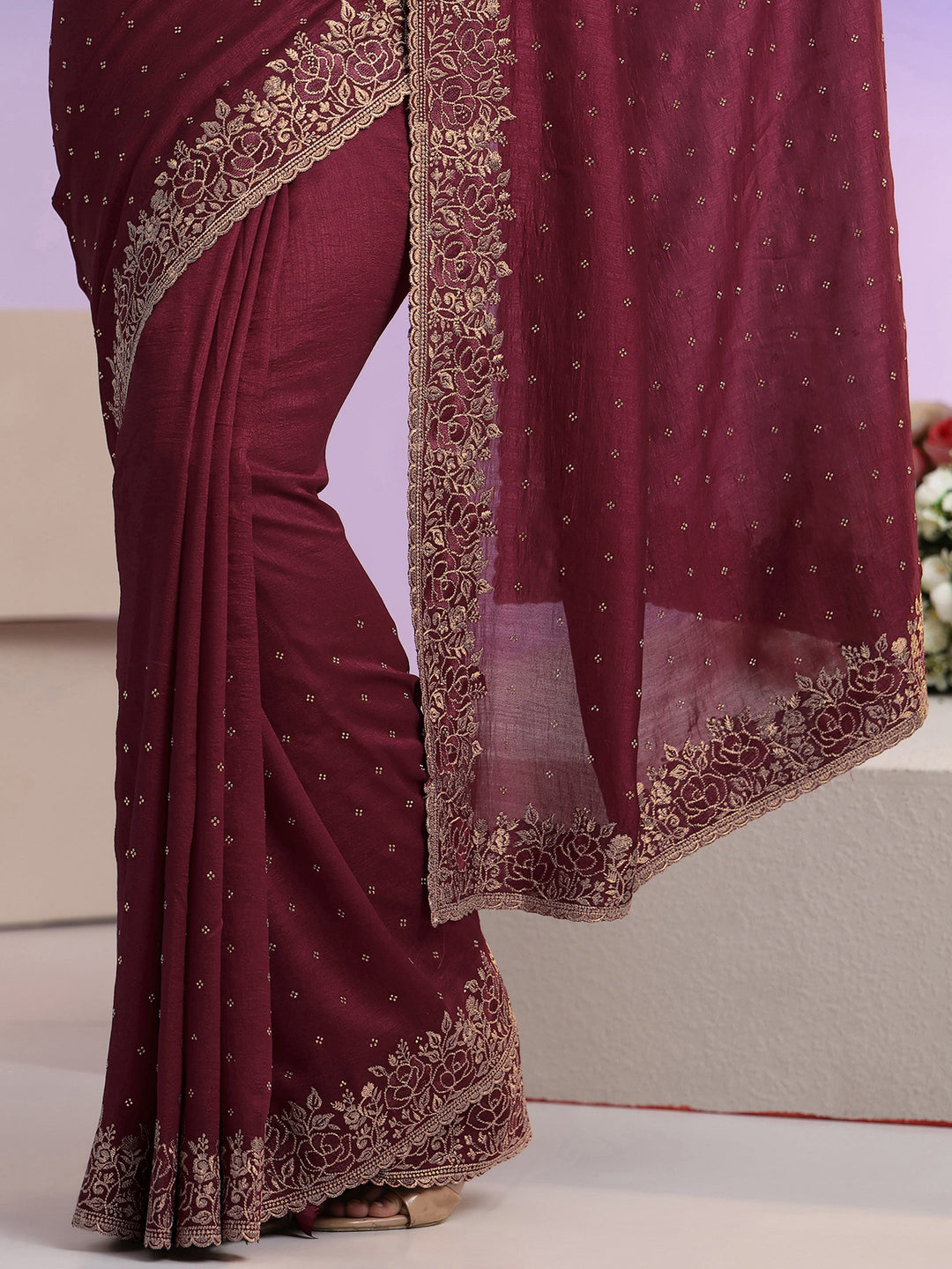 Libas Maroon Stone Work Embelllished Silk Blend Saree