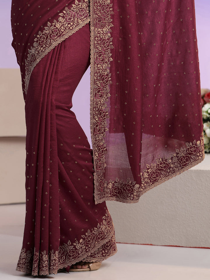 Libas Maroon Stone Work Embelllished Silk Blend Saree